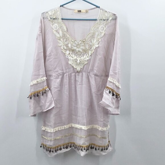 GLOW Tops - GLOW Italian Boho Top Lavender Cotton Gauze Cottagecore Gypsy Coins Velvet Lace